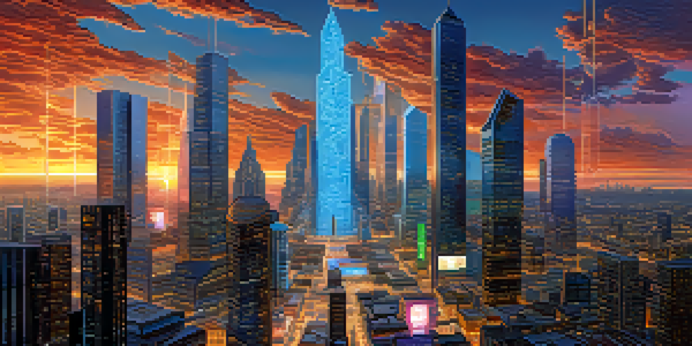 A futuristic city with Bitcoin and smart contracts symbols in the sky, showcasing a vibrant urban landscape at sunset.