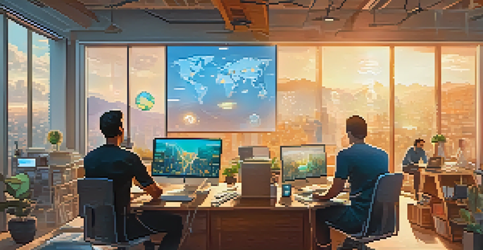 A diverse group of remote workers in a bright workspace, with laptops and Bitcoin symbols, highlighting global connectivity.