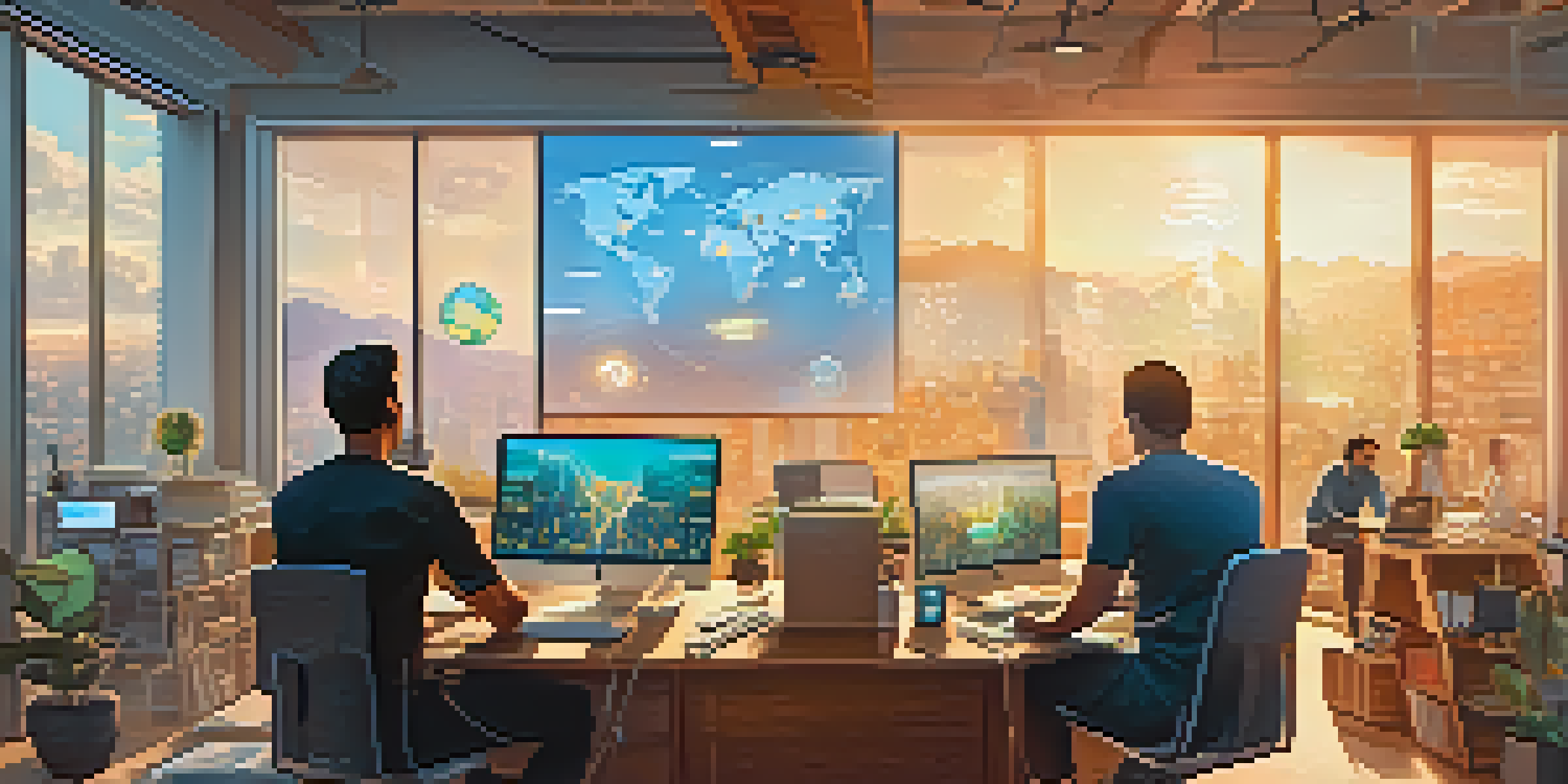 A diverse group of remote workers in a bright workspace, with laptops and Bitcoin symbols, highlighting global connectivity.
