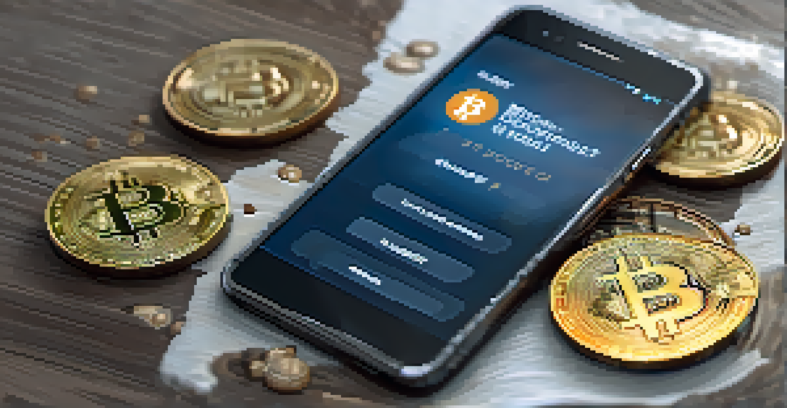 A close-up of a smartphone with a tutorial on setting up a Bitcoin wallet, surrounded by scattered coins on a textured surface.