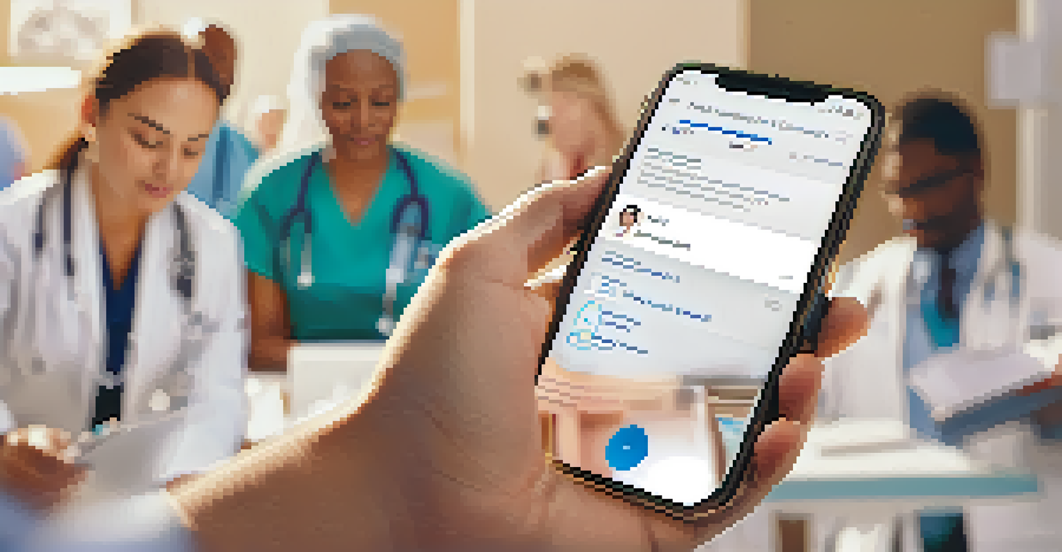 A patient with a smartphone showing a digital health record, with healthcare professionals discussing nearby, highlighting patient empowerment.