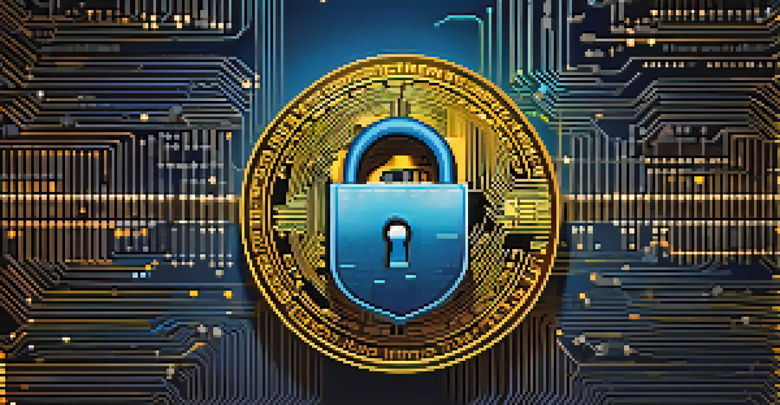 An abstract illustration of a digital lock with floating binary code, representing Bitcoin security, on a deep blue background.