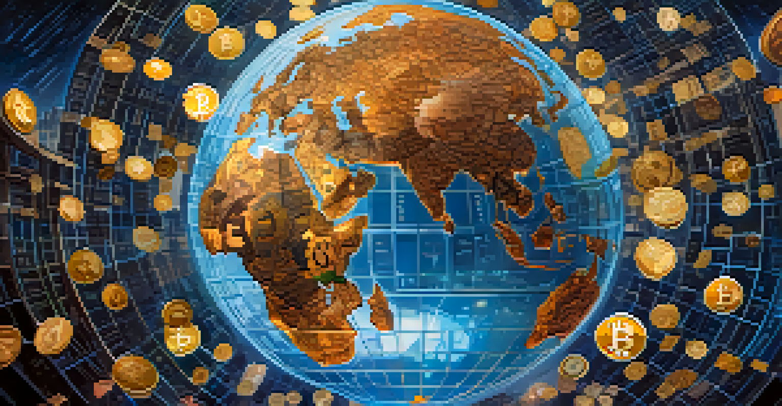 A globe made of digital currencies with Bitcoin highlighted, surrounded by symbols of charitable causes.