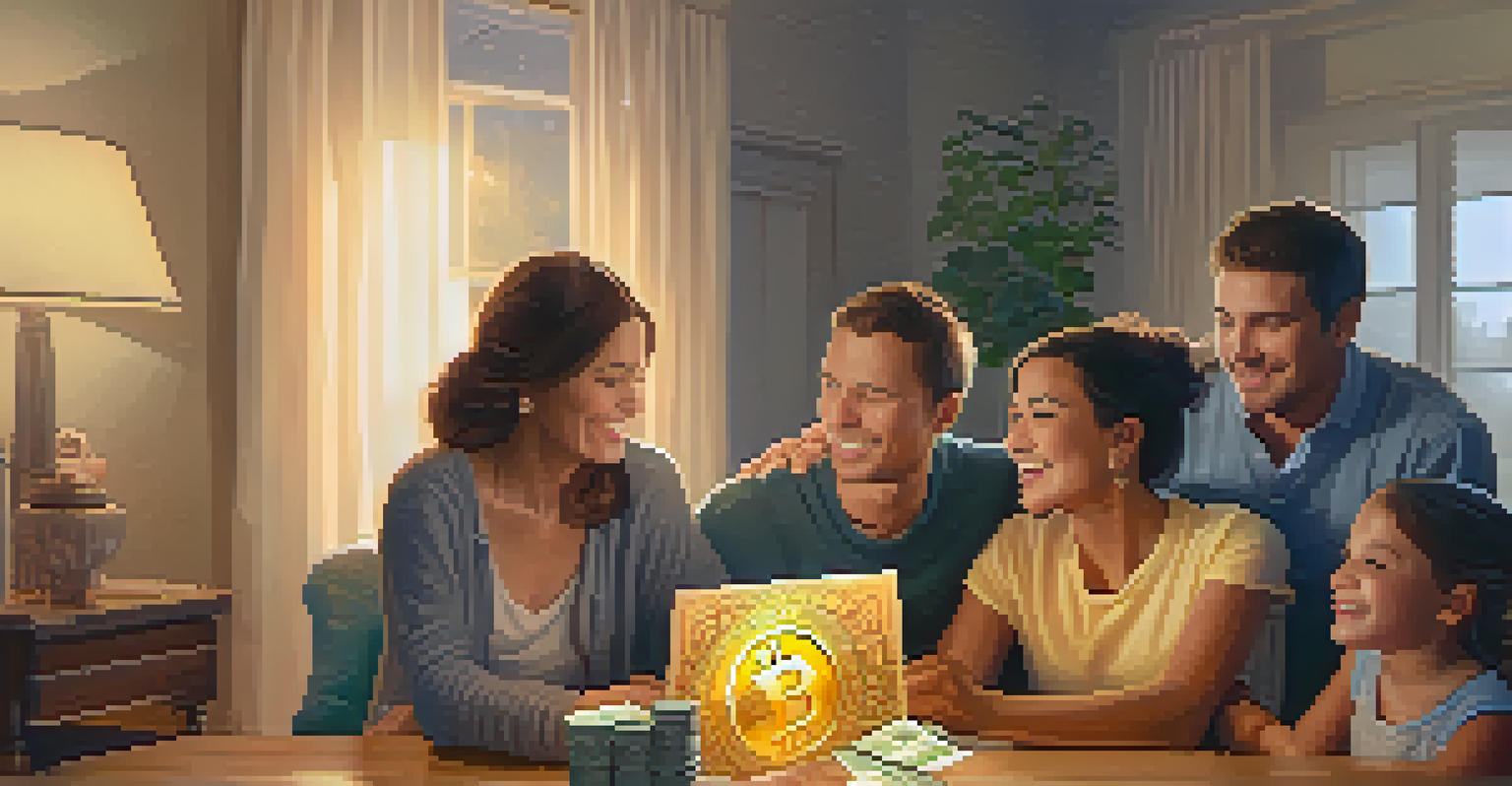 A family joyfully receiving money through Bitcoin in their home, with a laptop showing a transaction on the table.