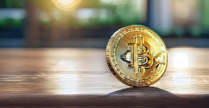 A shiny Bitcoin coin on a wooden surface with greenery blurred in the background.