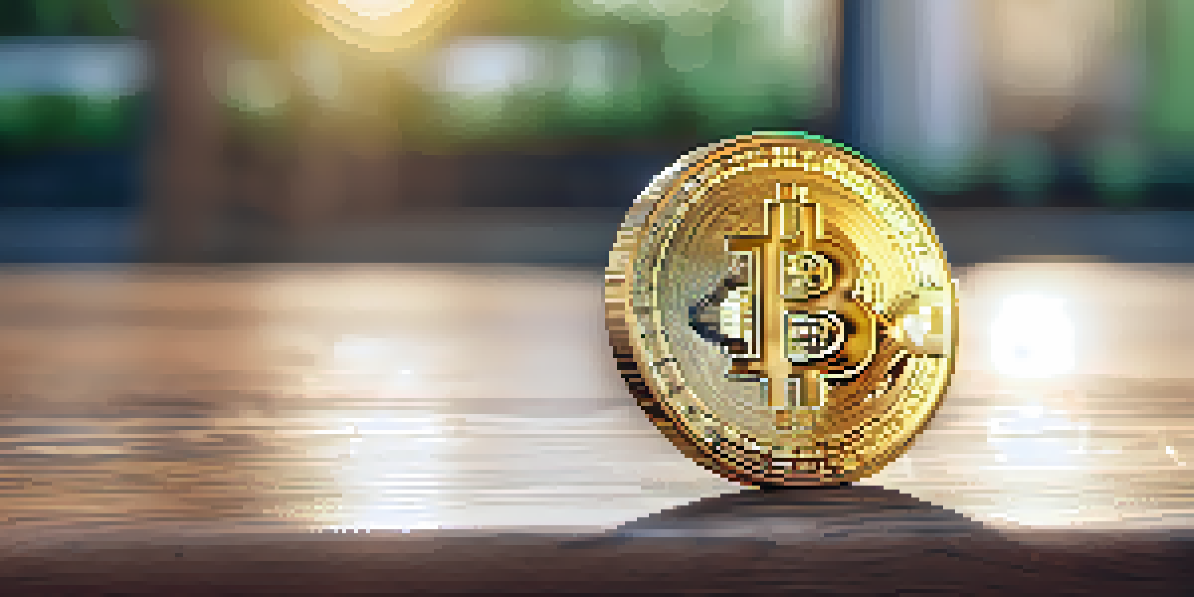 A shiny Bitcoin coin on a wooden surface with greenery blurred in the background.