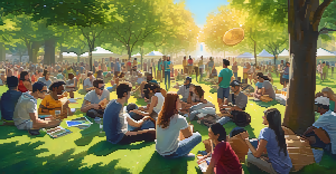 A diverse group of people discussing Bitcoin in a sunny park, showcasing a sense of community and collaboration.