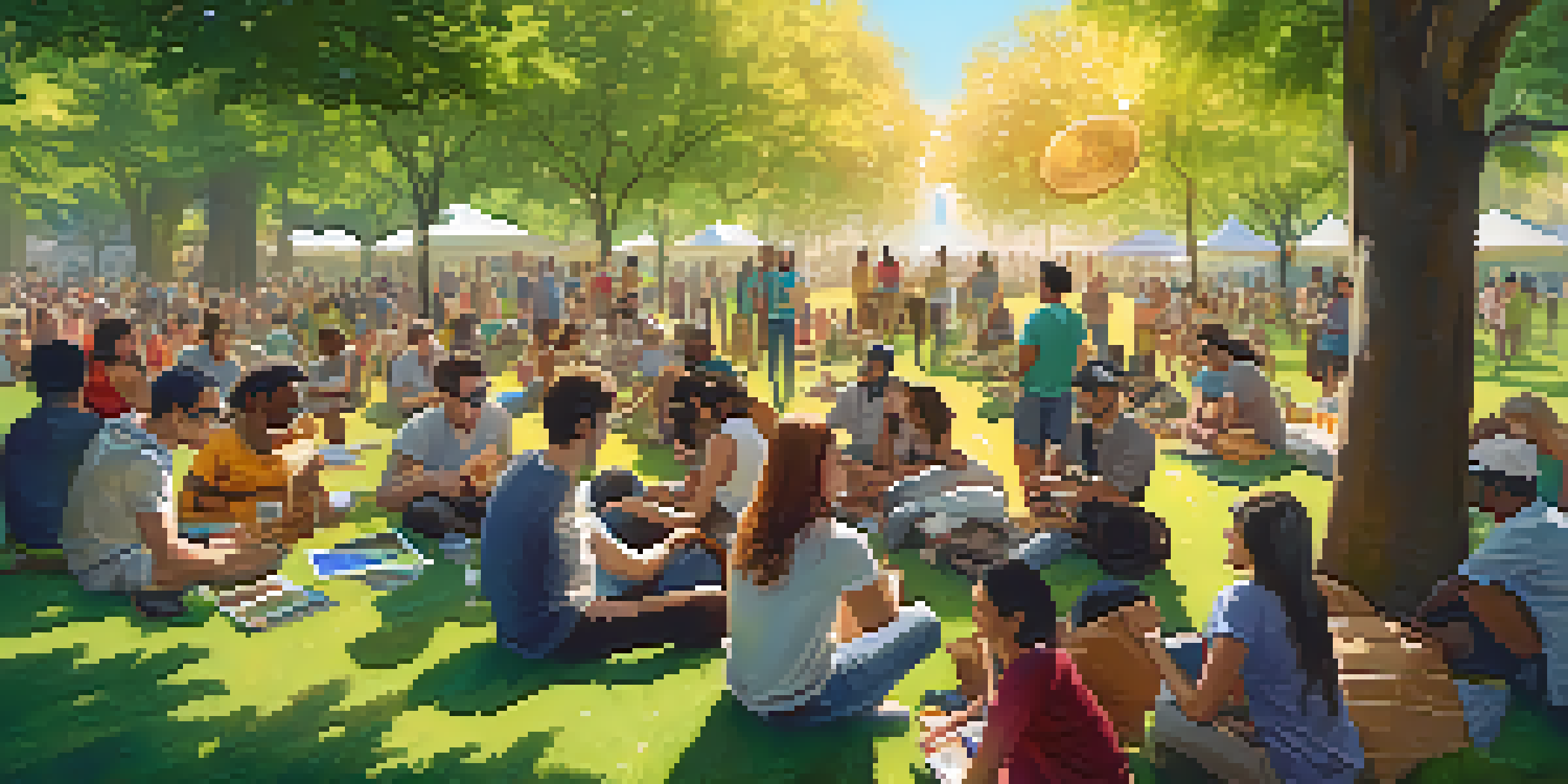 A diverse group of people discussing Bitcoin in a sunny park, showcasing a sense of community and collaboration.