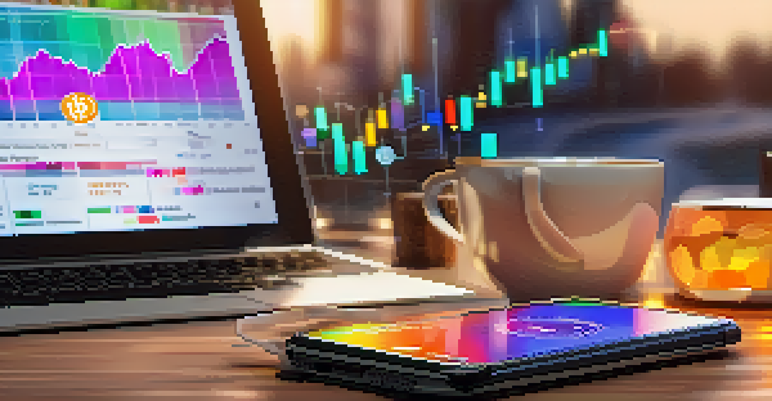 A smartphone with a Bitcoin trading app on the screen, placed on a desk with a notebook and coffee cup.