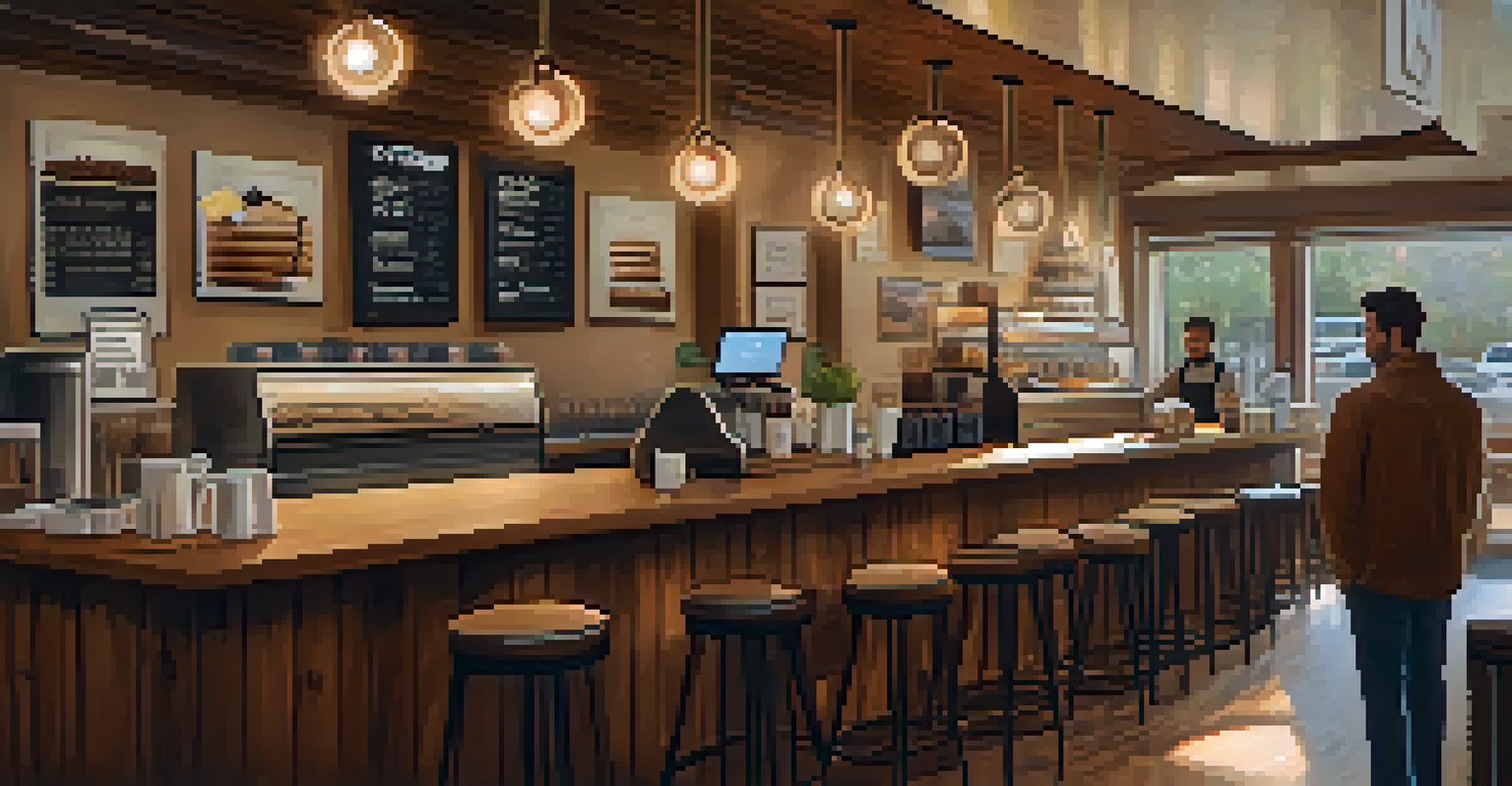 A cozy coffee shop with a barista serving coffee, surrounded by digital payment interfaces illustrating off-chain transactions.