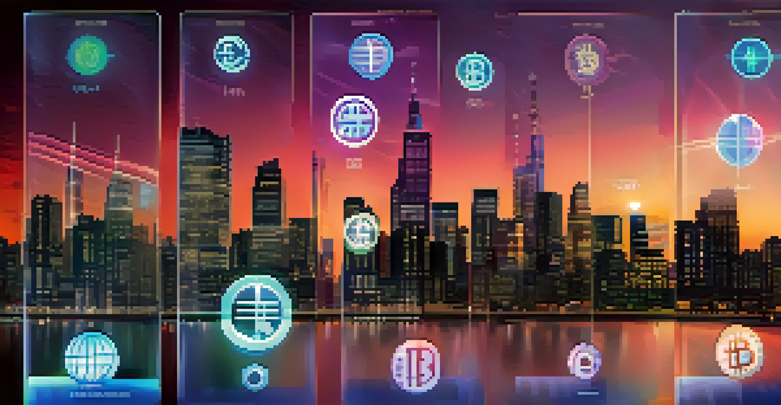A digital wallet app displaying Bitcoin symbols set against a futuristic city skyline at dusk.