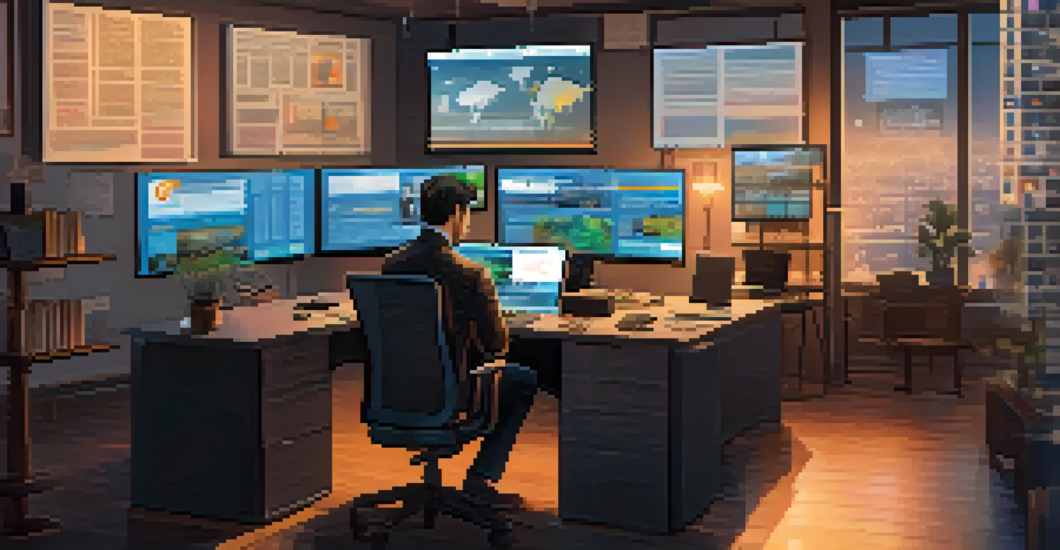 A person in an office analyzing Bitcoin news on multiple screens, with warm lighting and glowing charts and headlines.