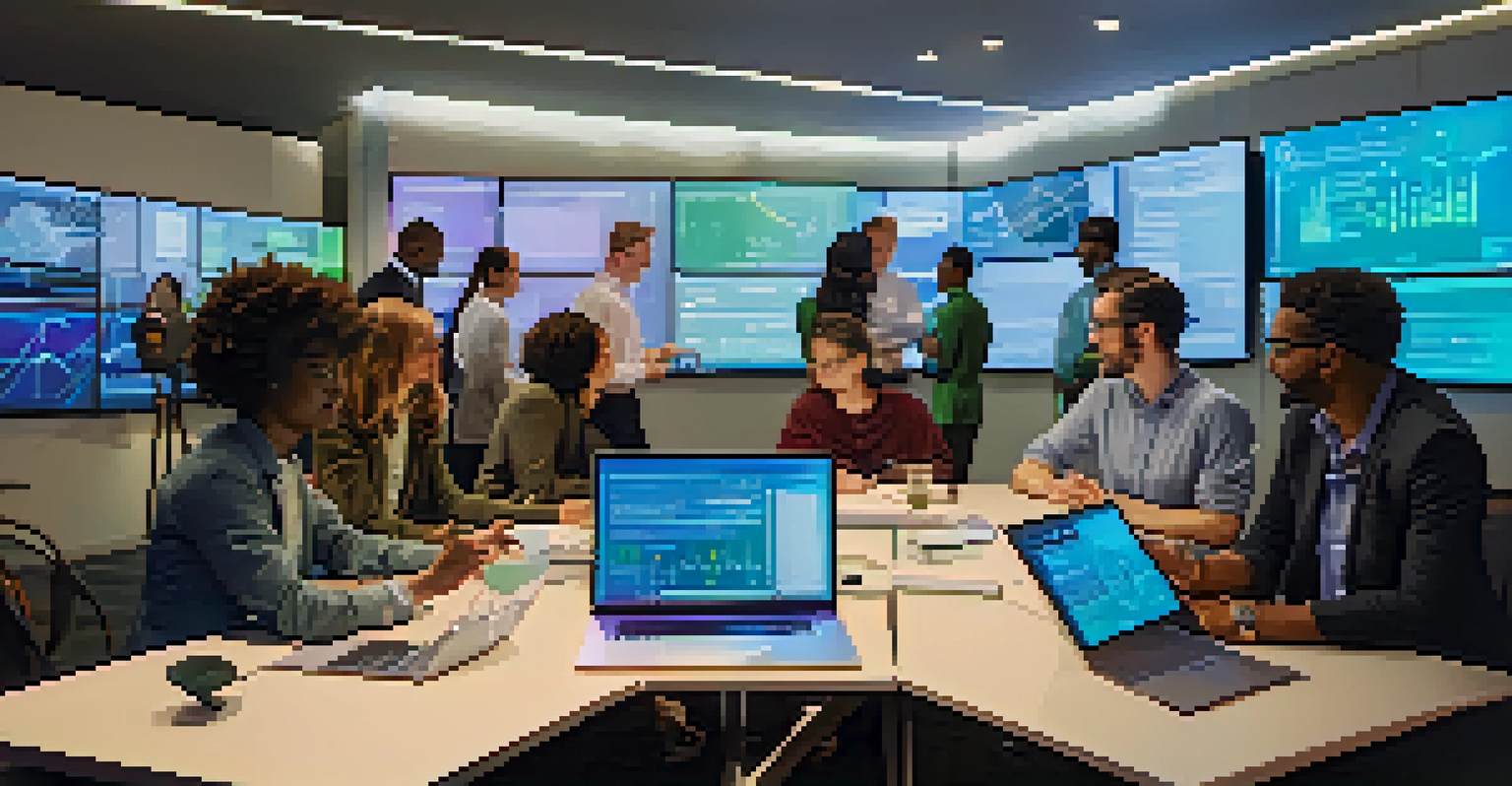 A diverse group of people discussing technology around a table with devices, with data visualizations on a screen in the background.