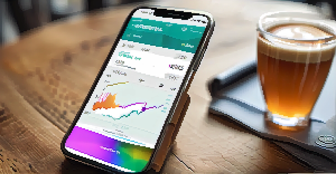 A smartphone on a table showing a Bitcoin wallet app, with a cup of coffee and a notebook nearby.