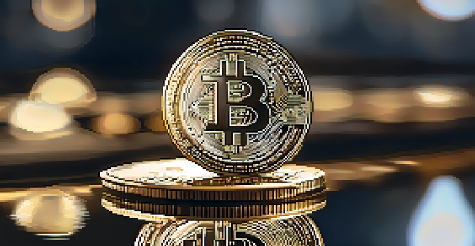 A detailed close-up of a golden Bitcoin coin on a reflective surface, with a blurred warm background.