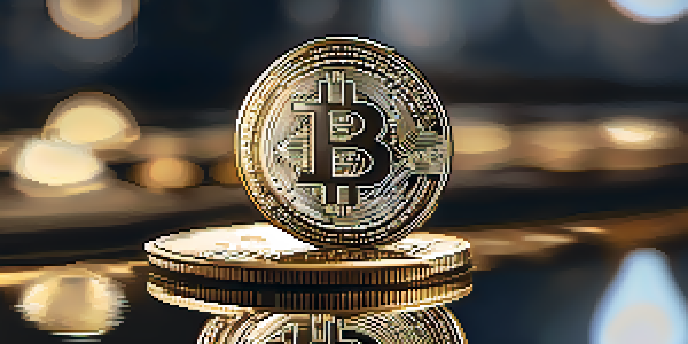 A detailed close-up of a golden Bitcoin coin on a reflective surface, with a blurred warm background.