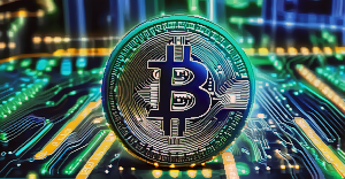 A Bitcoin coin on a circuit board with city skyline lights in the background.