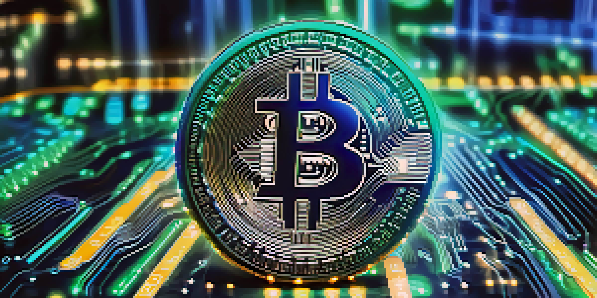 A Bitcoin coin on a circuit board with city skyline lights in the background.