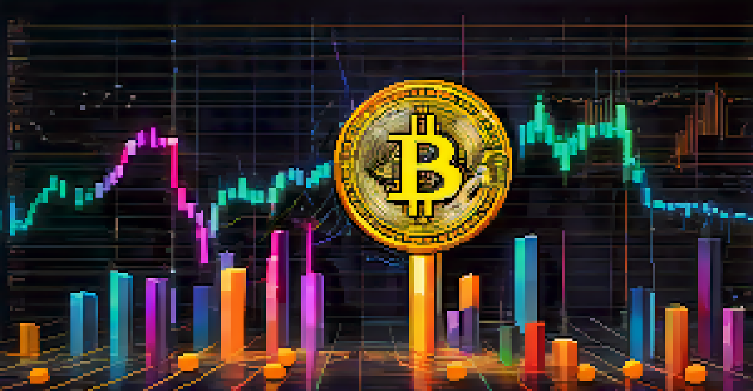 An abstract digital graph representing Bitcoin market fluctuations against a dark background.
