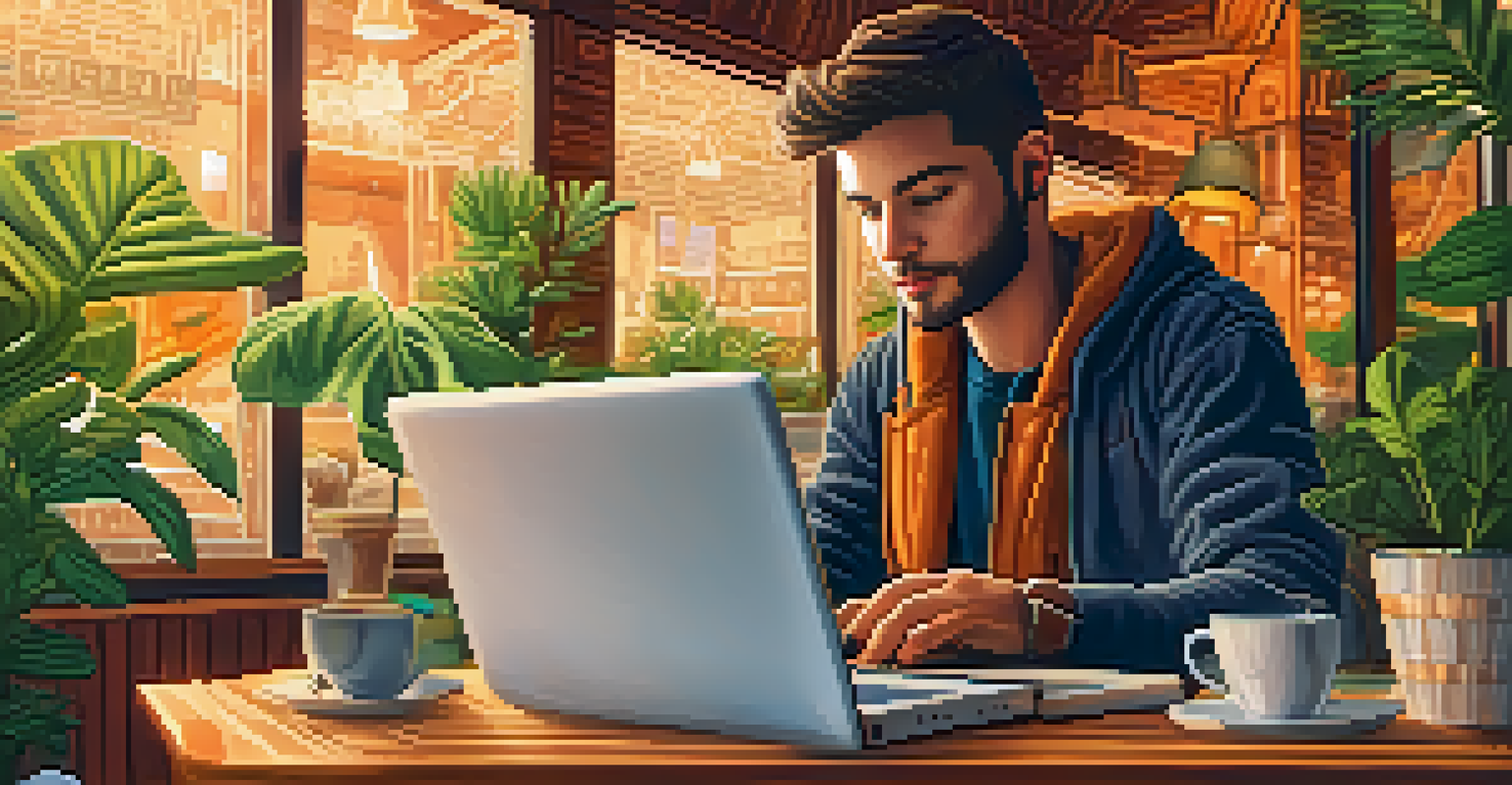 A freelancer at a café, focused on a laptop showing a Bitcoin transaction, surrounded by coffee cups and plants.