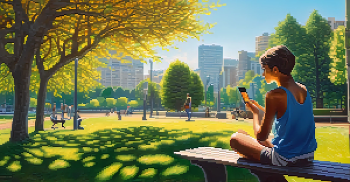 A young person sitting on a park bench looking at their smartphone with a Bitcoin app, surrounded by greenery and sunlight.