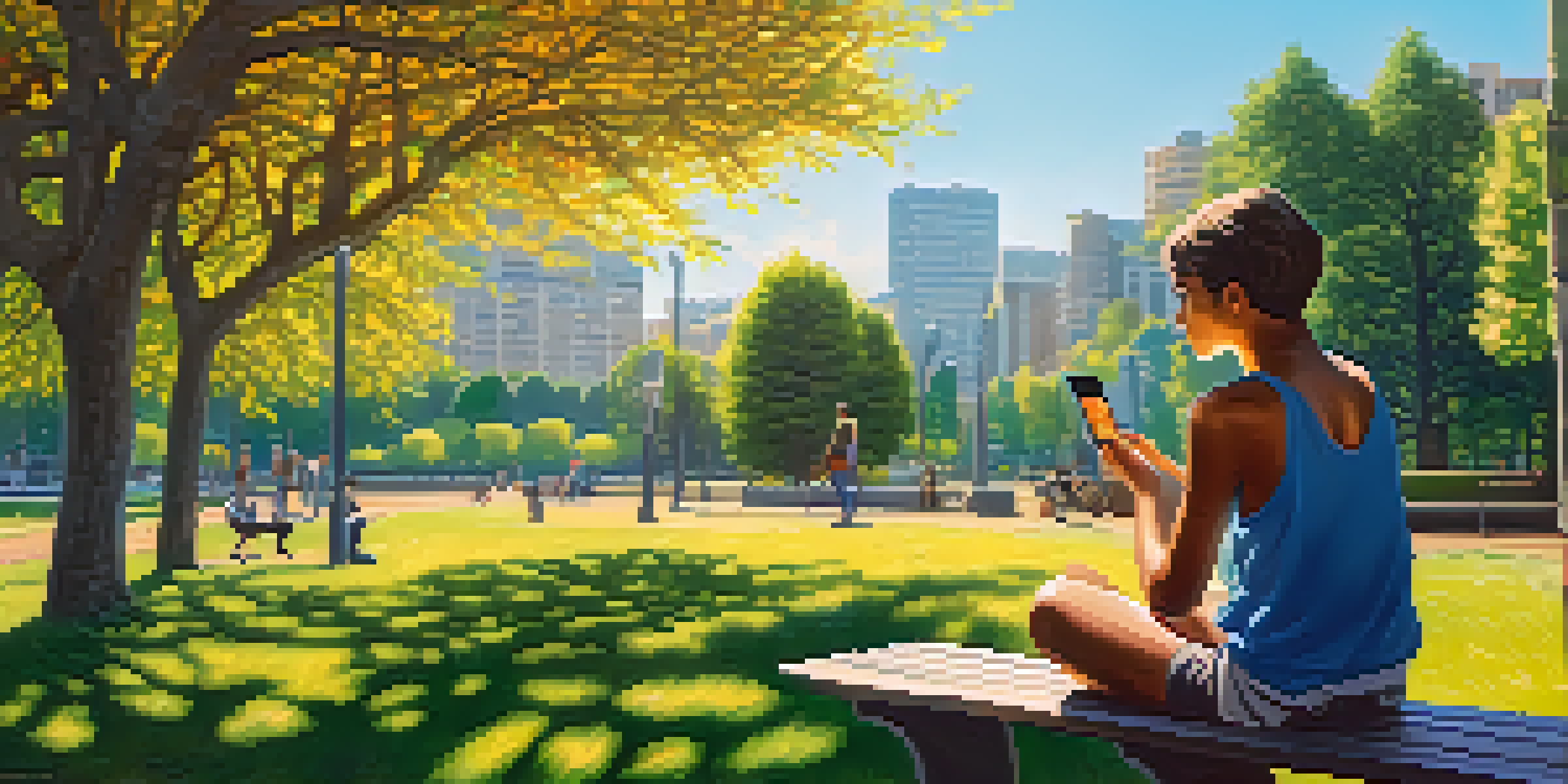 A young person sitting on a park bench looking at their smartphone with a Bitcoin app, surrounded by greenery and sunlight.