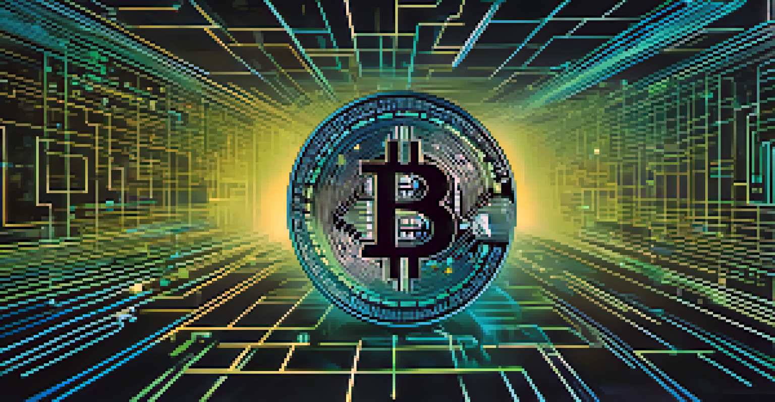 An artistic representation of the Bitcoin blockchain with interconnected glowing blocks in a dark setting, showcasing patterns and codes.