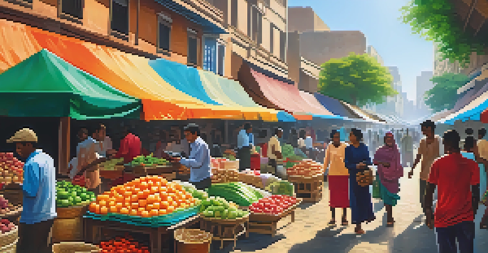 A lively street market filled with people using smartphones for transactions amidst colorful stalls and urban buildings.
