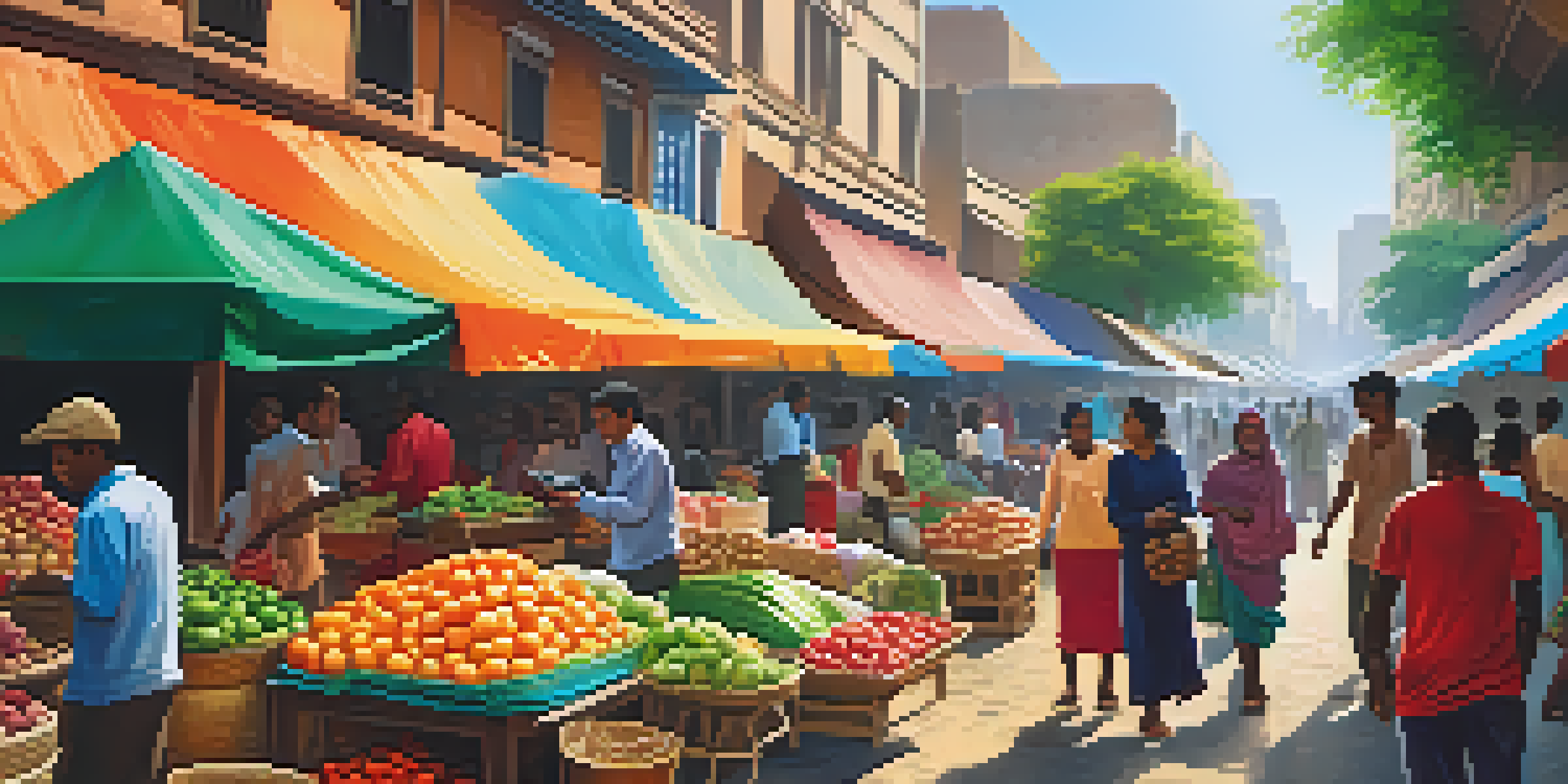A lively street market filled with people using smartphones for transactions amidst colorful stalls and urban buildings.