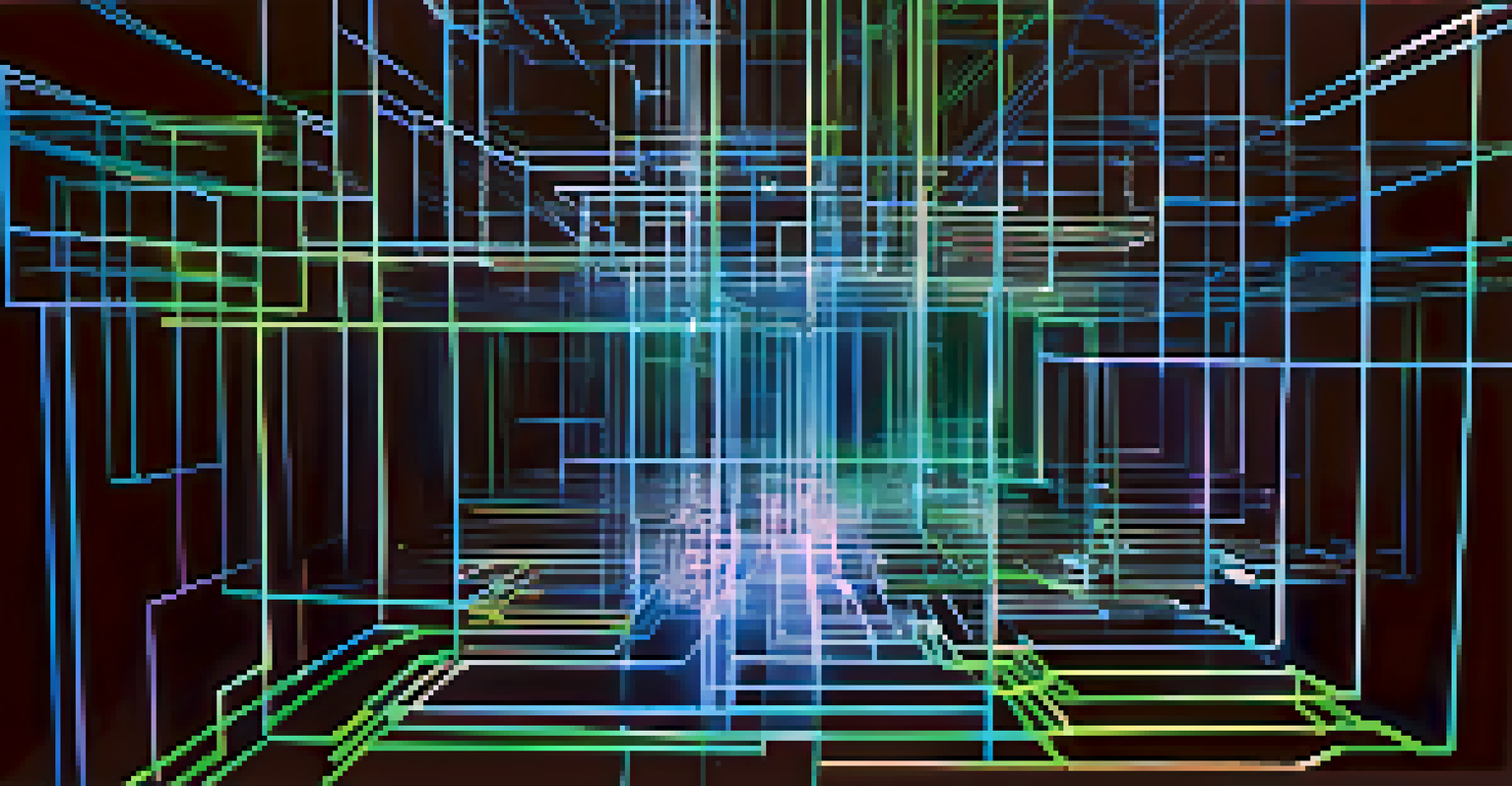 An abstract three-dimensional web of glowing blocks representing blockchain technology against a dark background.