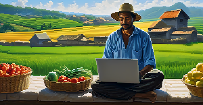 A farmer in a green field using a laptop to sell produce, with traditional village homes in the background.