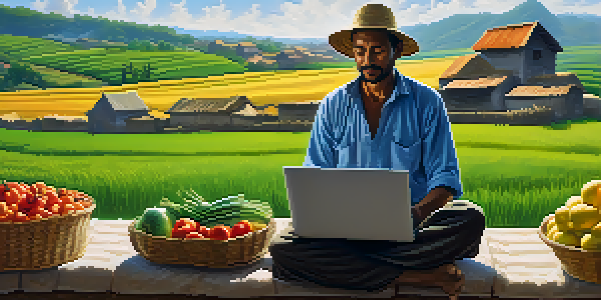 A farmer in a green field using a laptop to sell produce, with traditional village homes in the background.