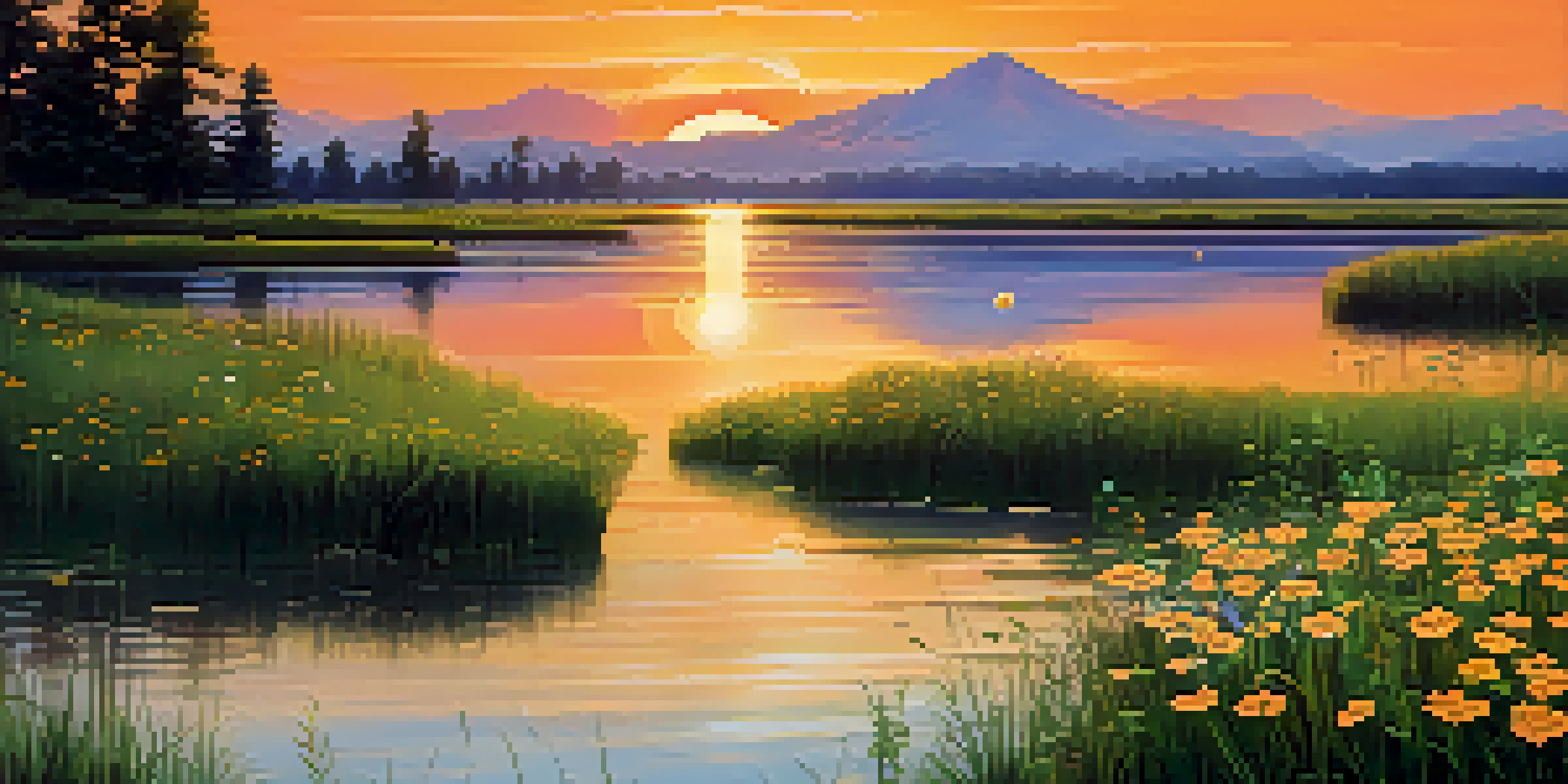 A tranquil lake at sunset with Bitcoin coins floating on the water, surrounded by green grass and wildflowers.