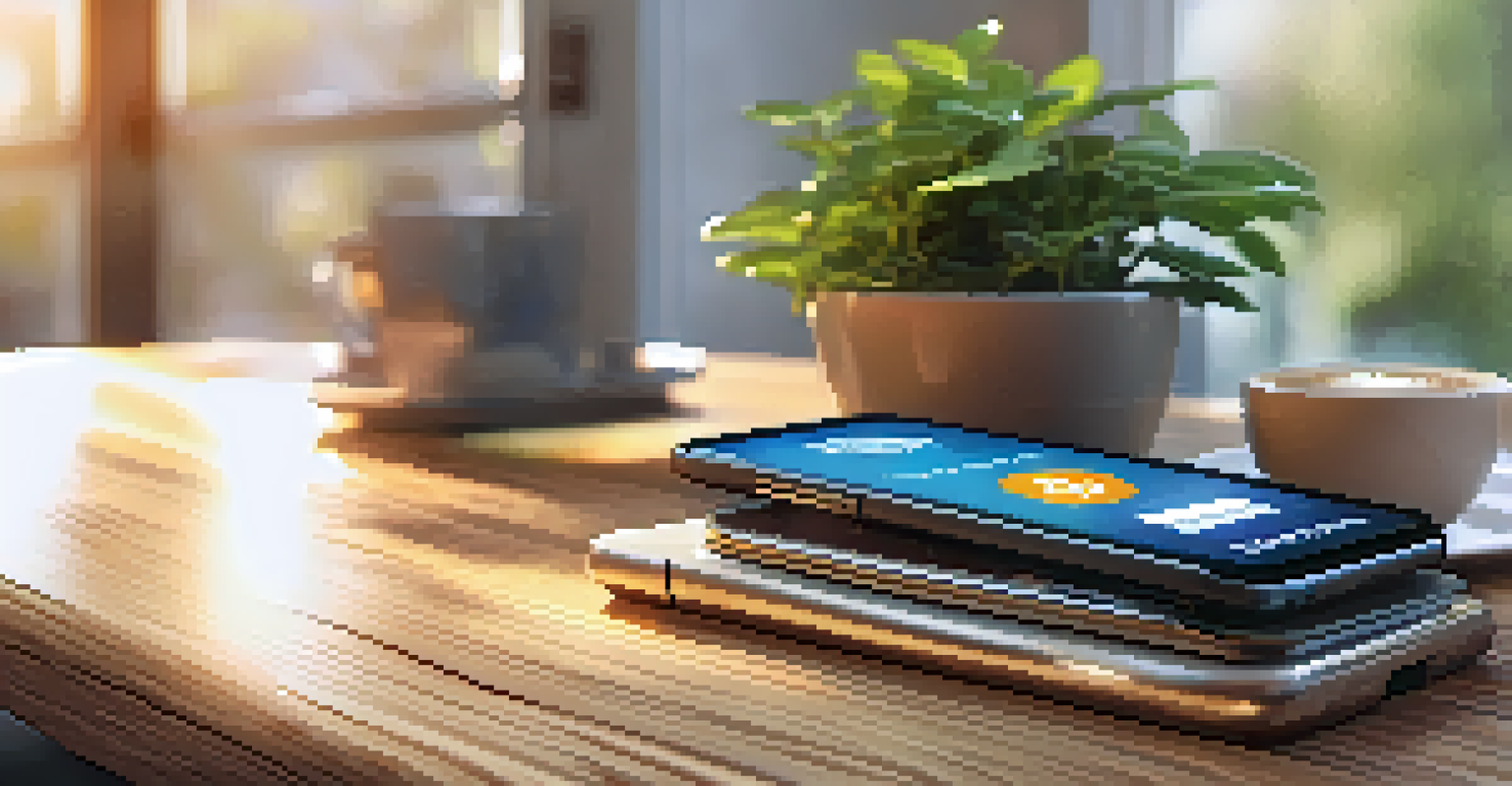 A smartphone showing a digital wallet with cryptocurrencies on a wooden table, accompanied by a coffee cup and potted plants in the background.