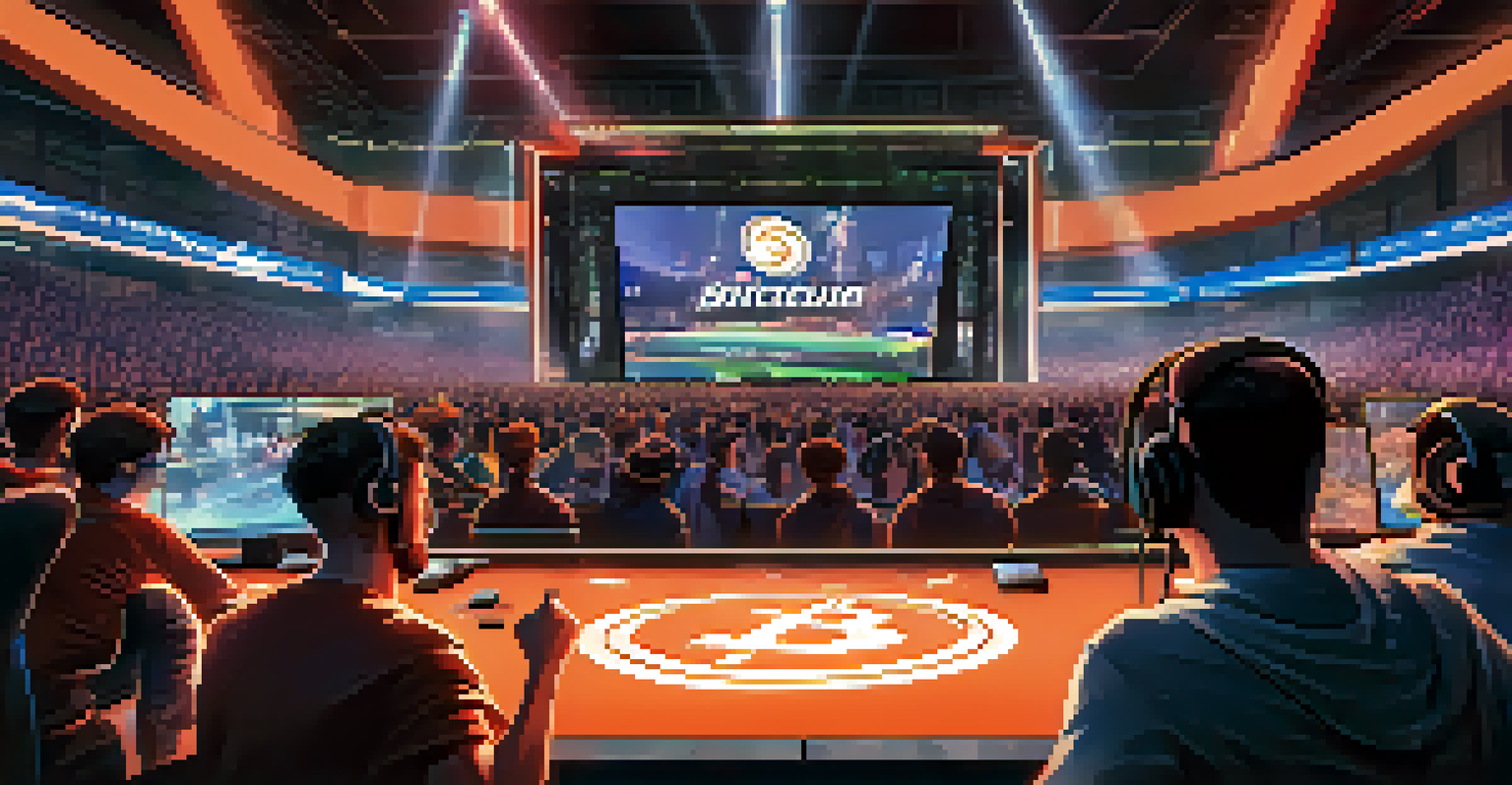 An esports tournament with fans cheering and players focused on their gaming stations, featuring Bitcoin logos.