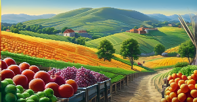 A farmer in a remote village selling fresh produce using a smartphone to receive Bitcoin payments, with vibrant fruits and vegetables in a sunny landscape.