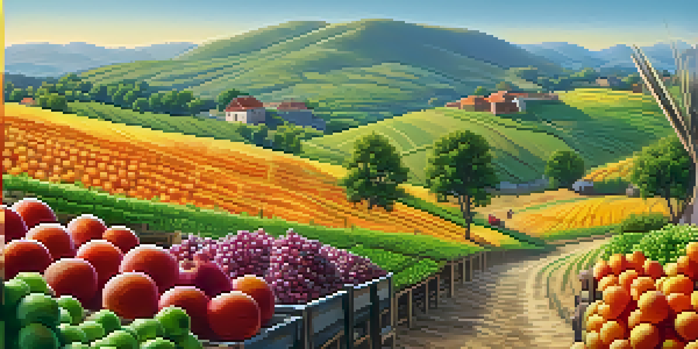 A farmer in a remote village selling fresh produce using a smartphone to receive Bitcoin payments, with vibrant fruits and vegetables in a sunny landscape.