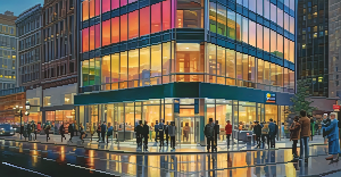 A modern bank building in a city at dusk with people talking in front, representing trust in financial institutions.