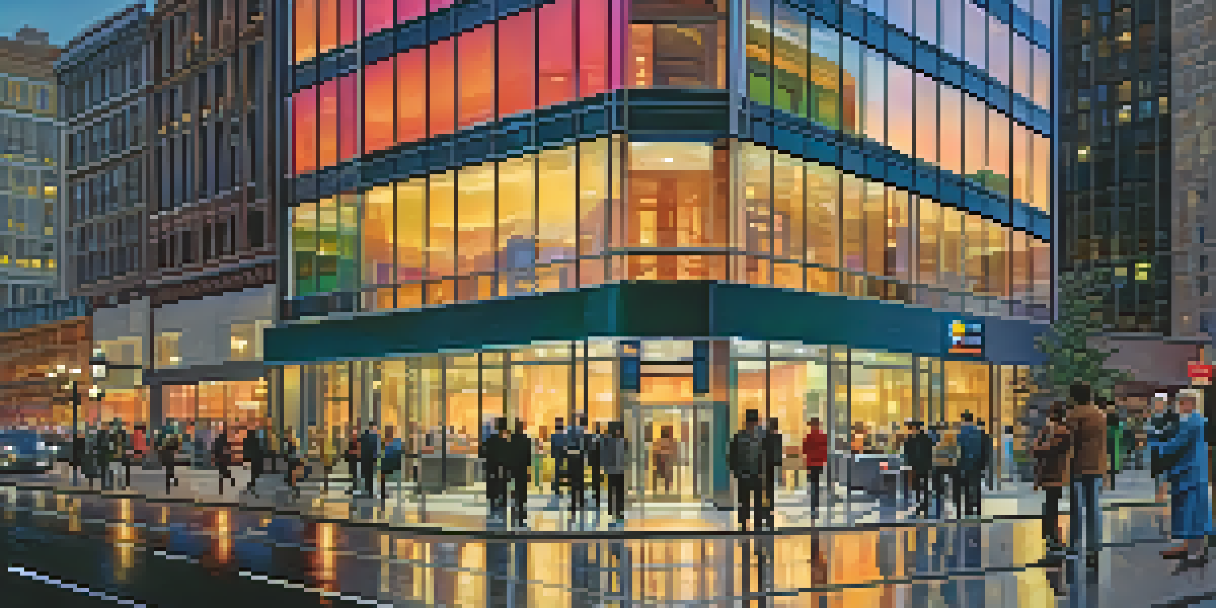 A modern bank building in a city at dusk with people talking in front, representing trust in financial institutions.