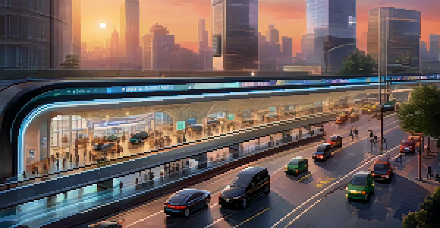 A modern transportation hub with IoT vehicles and digital screens showing real-time traffic and Bitcoin toll payments during sunset.