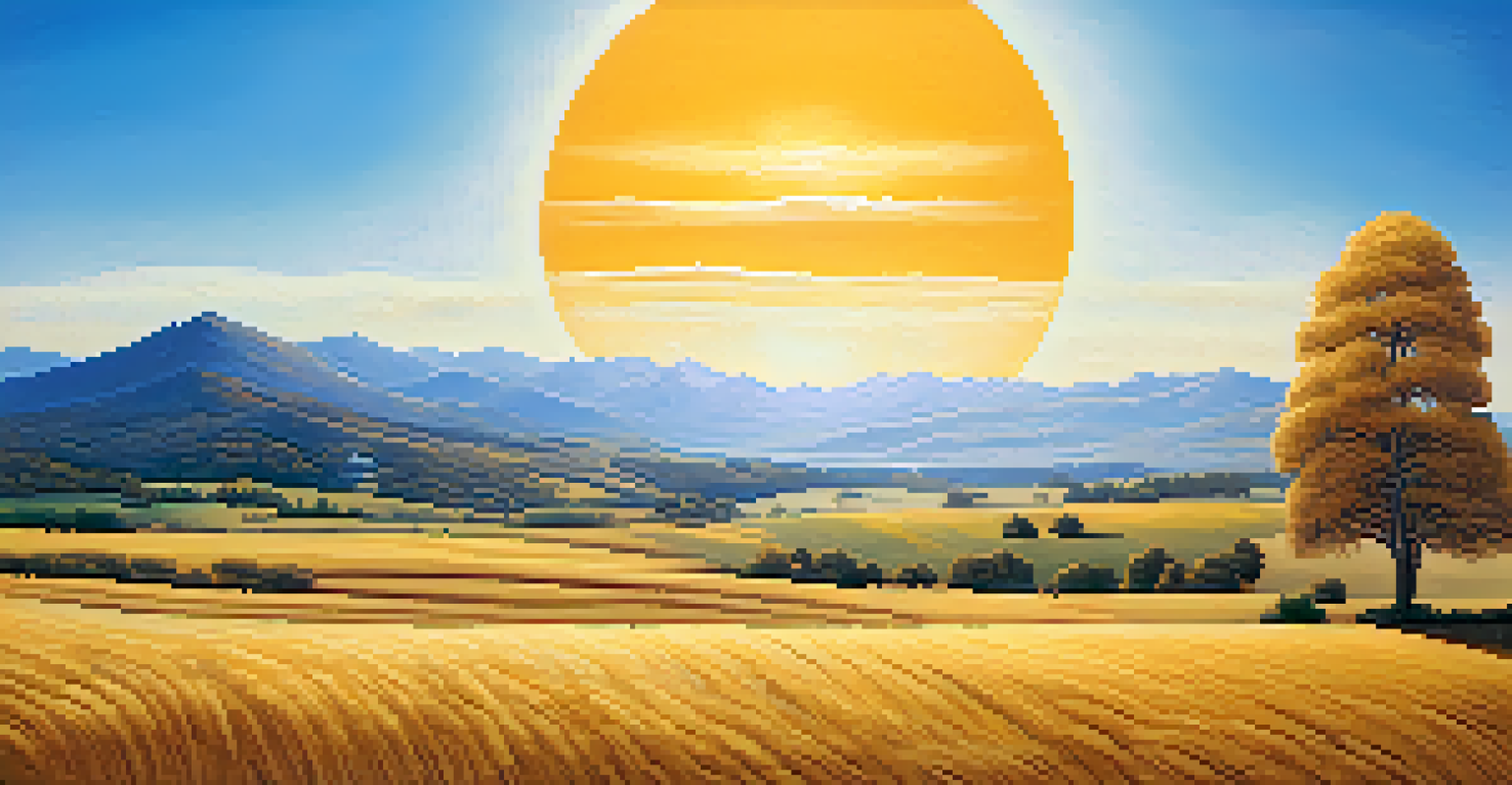 A golden field with a lone tree and mountains, featuring a digital Bitcoin logo in the corner.