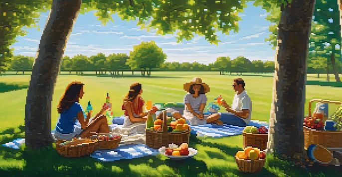 A picnic setup with a colorful blanket and a basket filled with food, surrounded by friends in a sunny park.