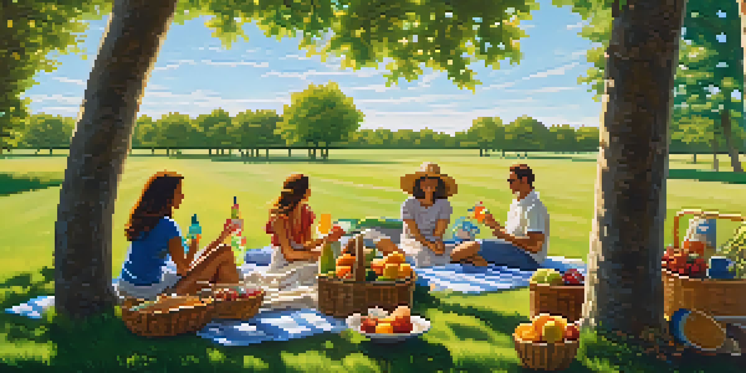 A picnic setup with a colorful blanket and a basket filled with food, surrounded by friends in a sunny park.