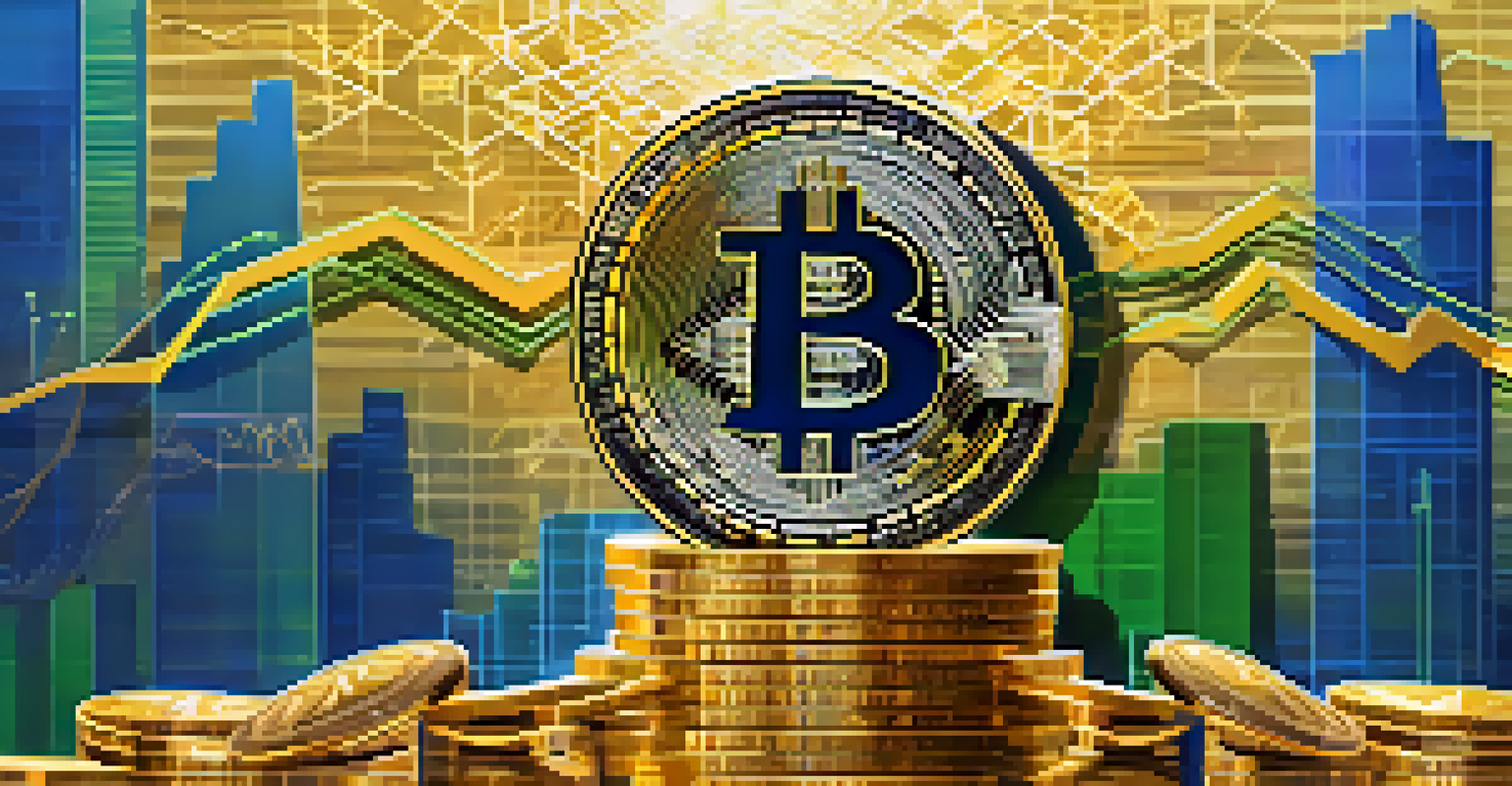 An abstract image of Bitcoin symbol with stacks of coins and fluctuating financial graphs in the background.
