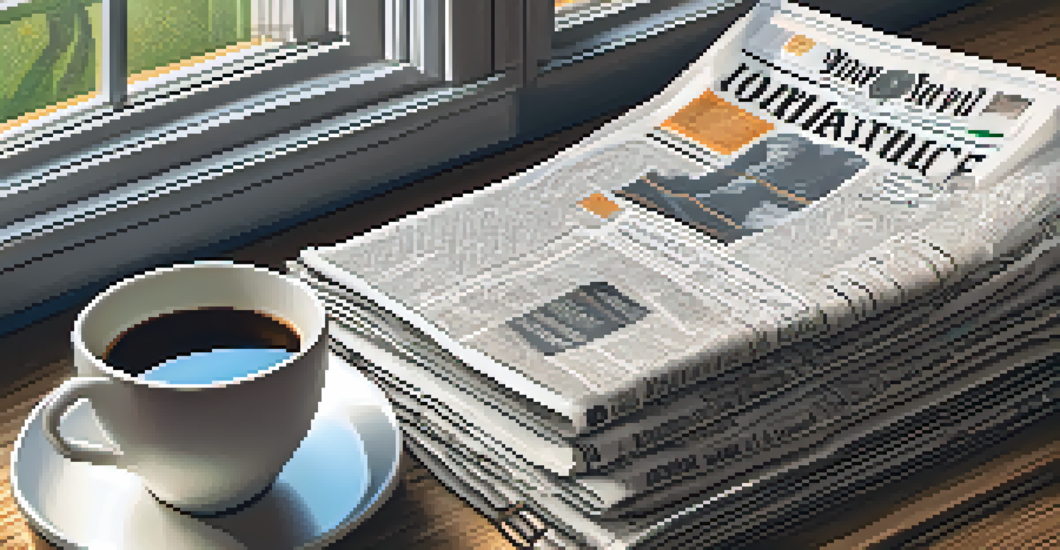 A close-up of a newspaper featuring Bitcoin headlines, with a coffee cup and glasses beside it.