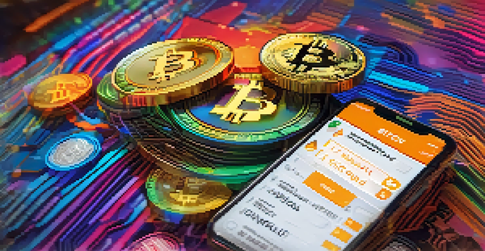 A smartphone displaying a digital Bitcoin wallet with colorful transaction details, set against a blurred background.