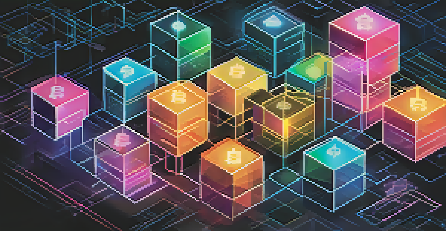 An artistic depiction of blockchain technology with interconnected glowing blocks on a dark background.