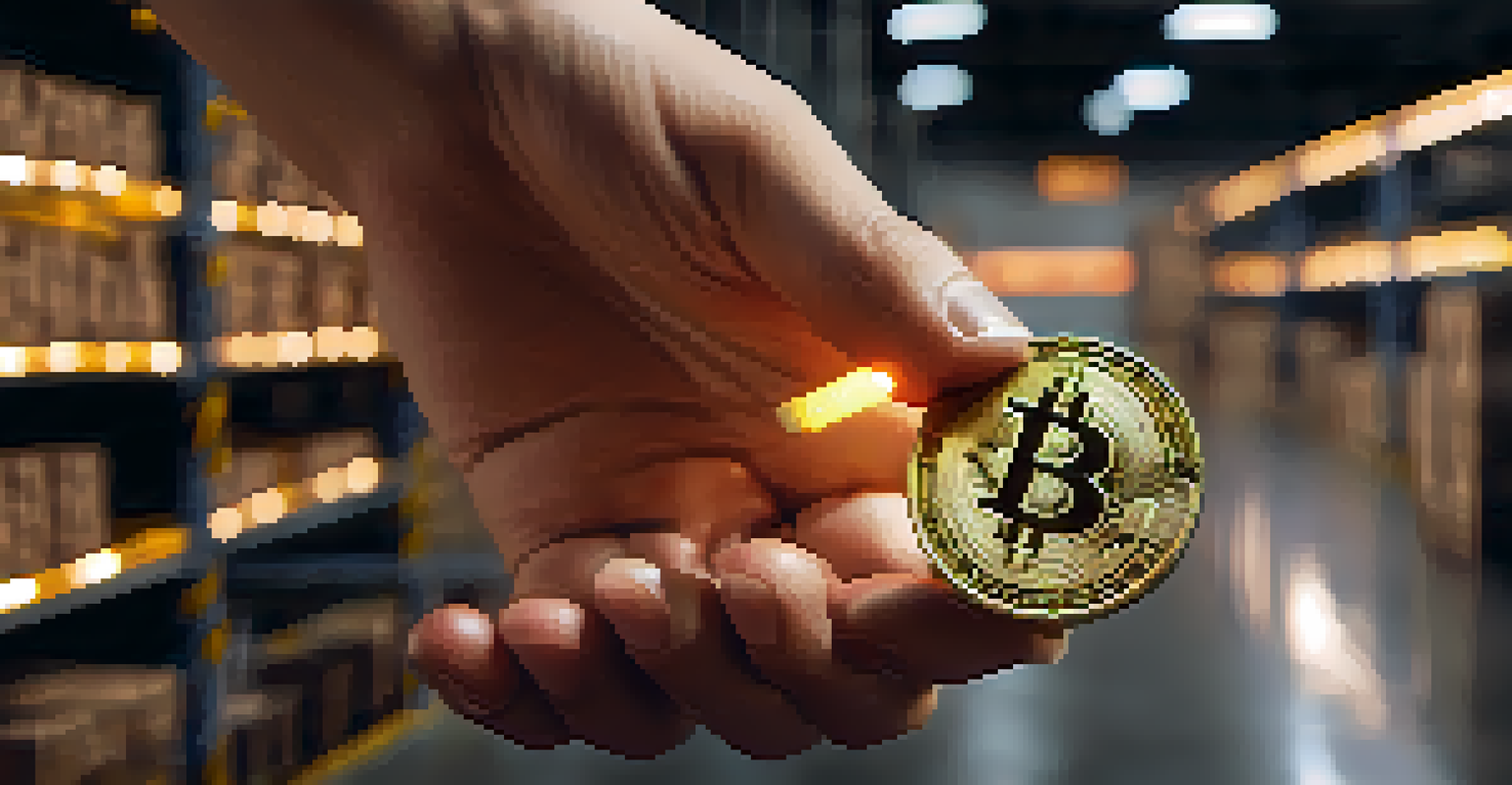 A close-up of a hand holding a Bitcoin coin in front of a blurred warehouse filled with products.