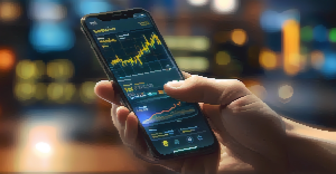 A hand holding a smartphone with a Bitcoin trading app's colorful charts and price changes, set against a blurred office backdrop.