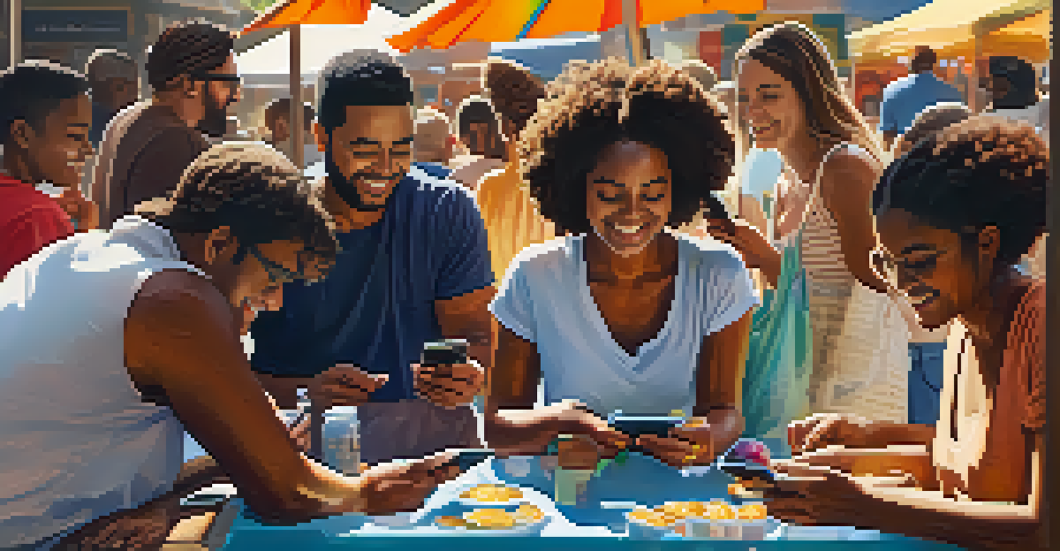 A group of diverse individuals at an outdoor market using smartphones to make Bitcoin payments.